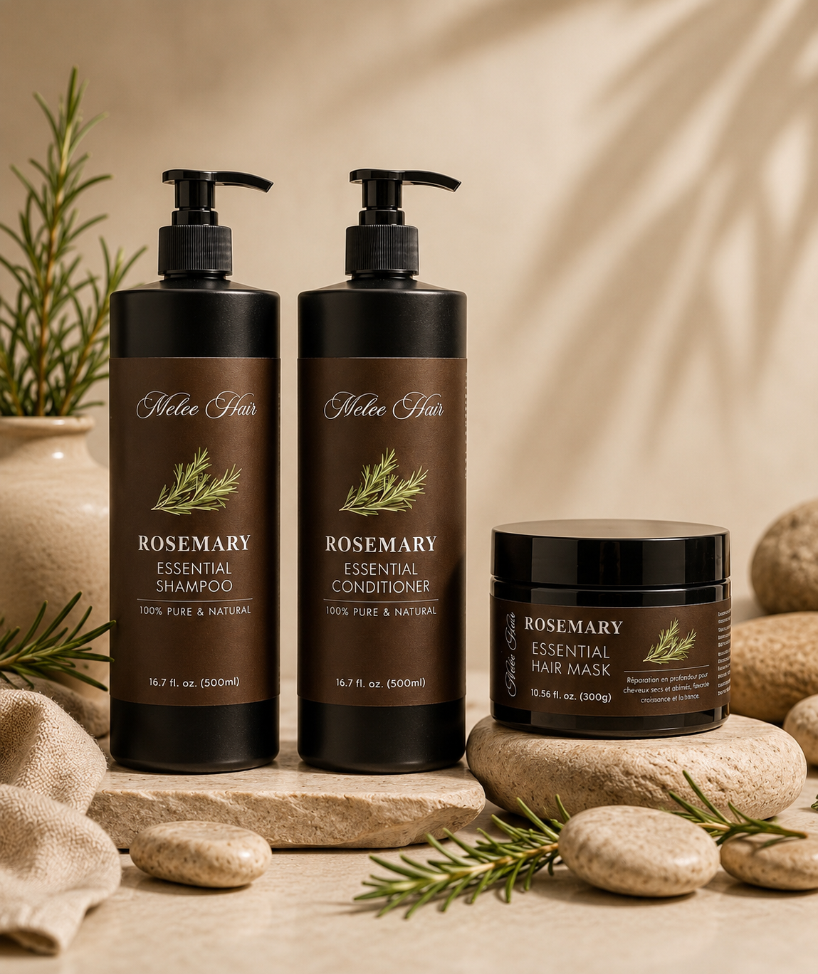 Trio Essentiel au Romarin – Shampoing, Conditionneur & Masque